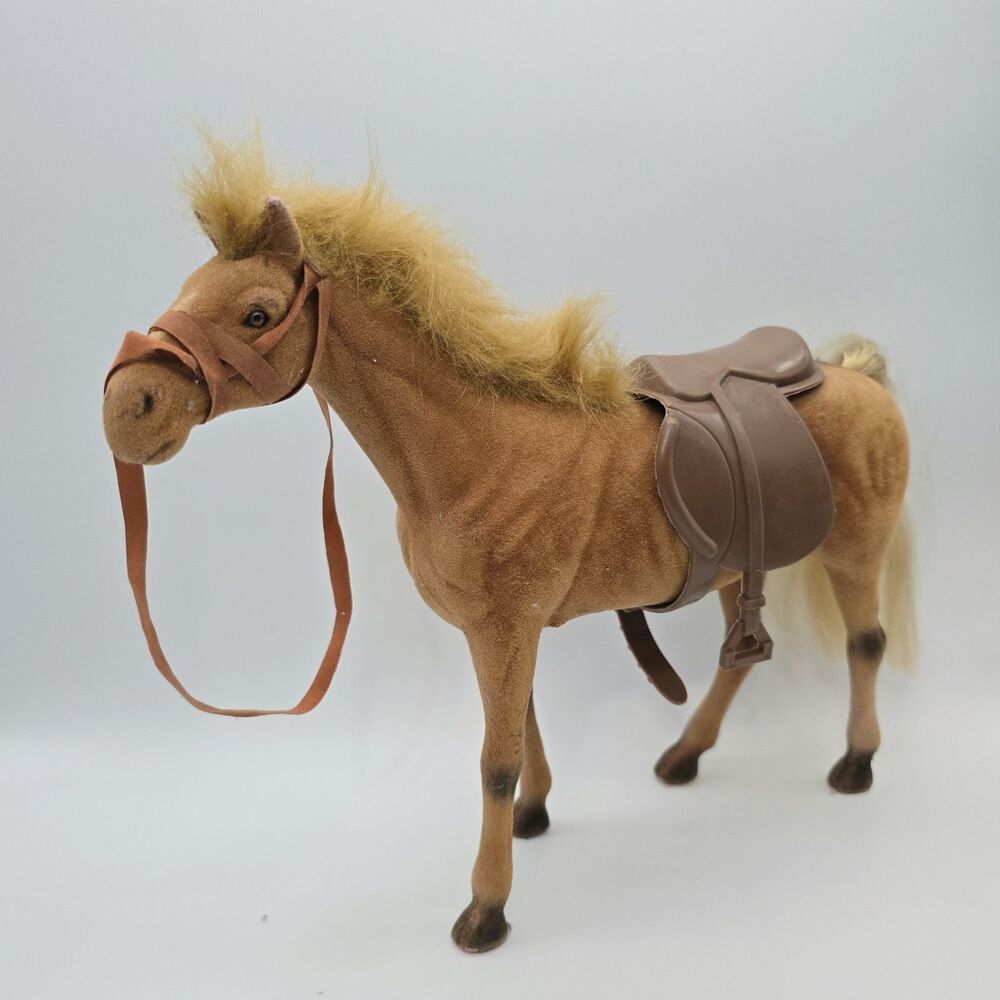 Vintage Flocked Plastic Horse Toy Figurine Pony Brown with saddle - Picture 1 of 14